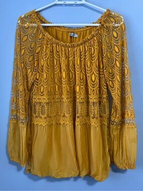 Elena Baldi Mustard Yellow Silk Blend Boho Lace Peasant Top Size L Made Italy